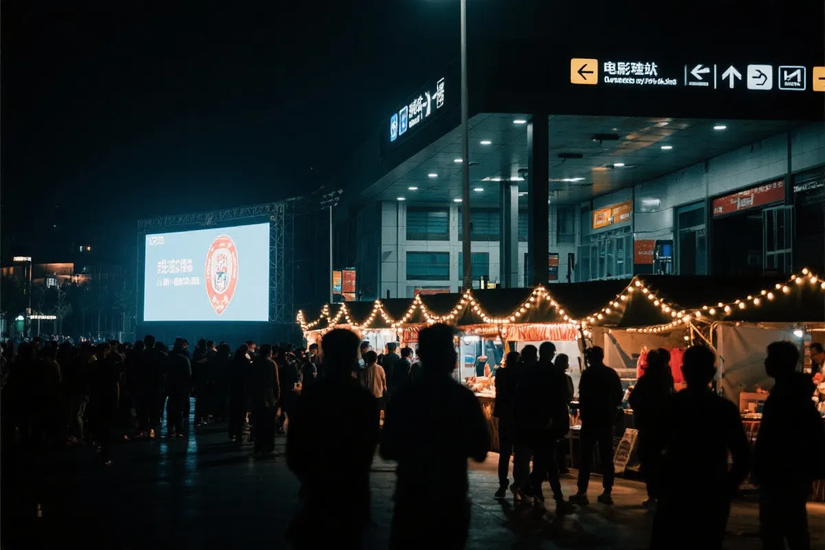 费城球迷广场夜景：大屏观赛人群、步行指示牌与公共交通入口